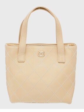 Chanel Small Surpique Tote Neutral Beige Quilted Leather Vintage Gold Hardware